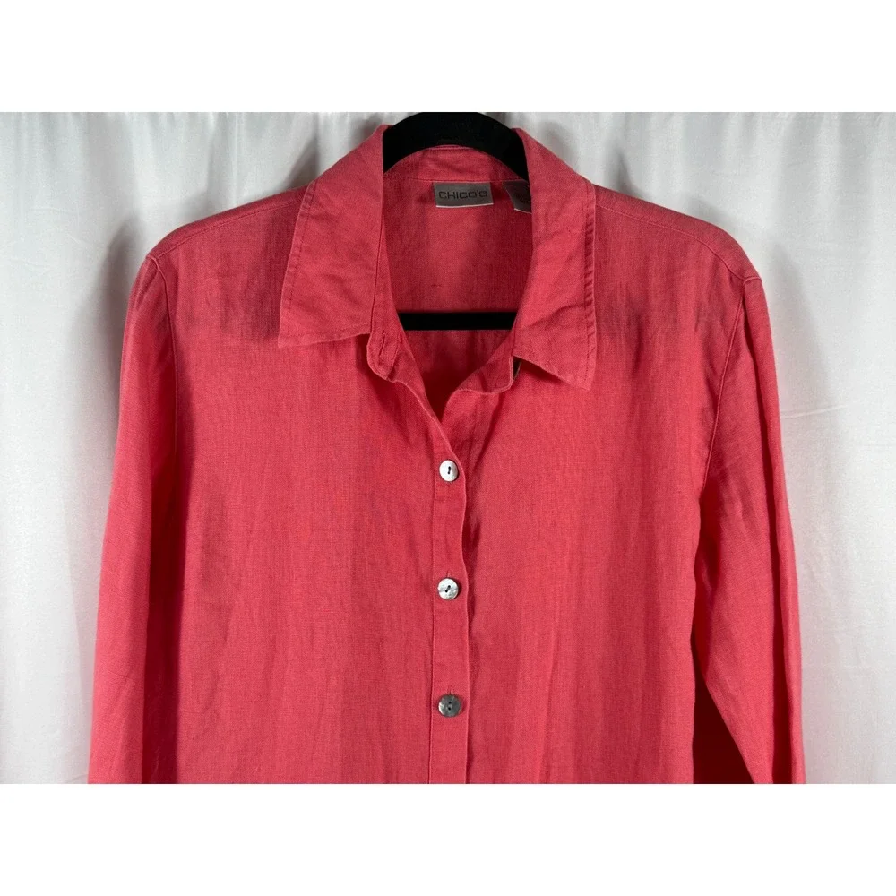 Chicos Coral Pink 100% Linen Long Sleeve Button Down Tunic‎ Top Size 1 M Medium